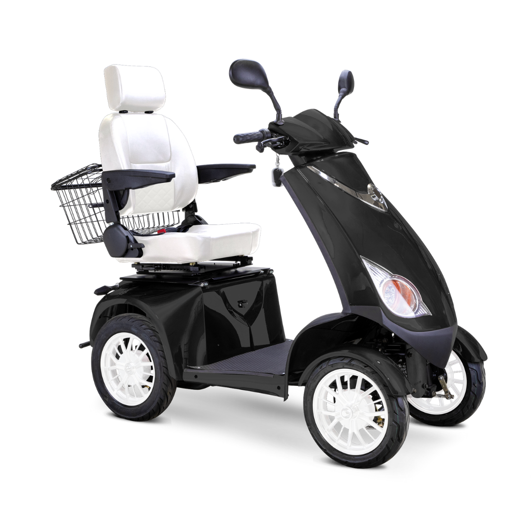 The Bespoke Platinum Recreational 4-Wheel Scooter with Electric Brake Assist features a black frame, white cushioned seat, armrests, headrest, rearview mirrors, and a rear metal basket—ideal for comfort and style on the go.